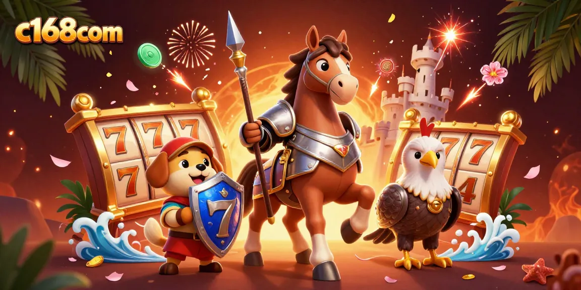 Engage in exciting gameplay at c168com with a stunning casino-themed illustration featuring characters and festive elements.