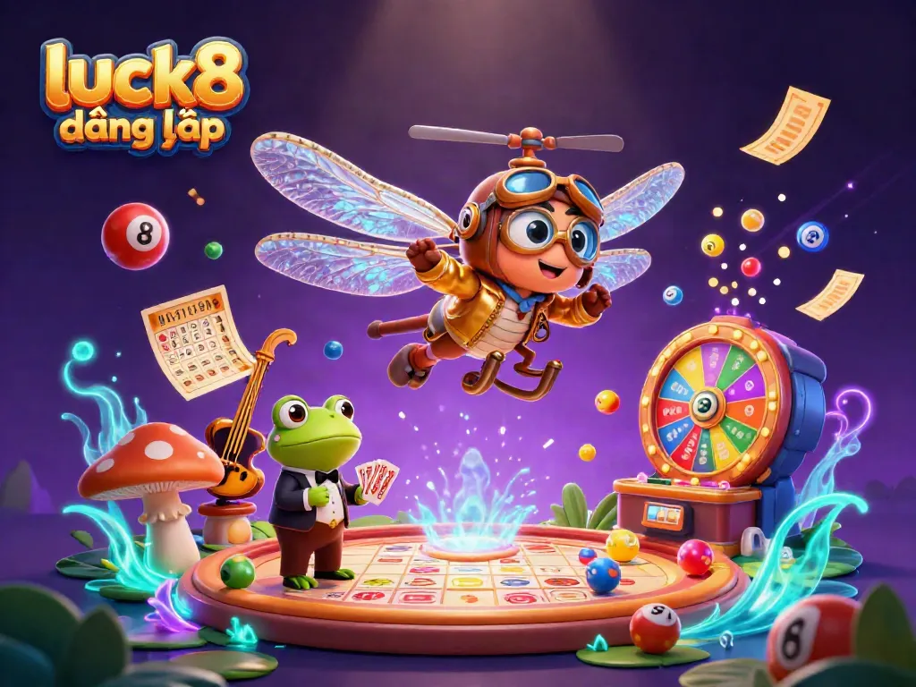 Experience luck8 đăng nhập with a vibrant scene of a dragonfly pilot, frog croupier, and jazz musicians amid rich casino elements.