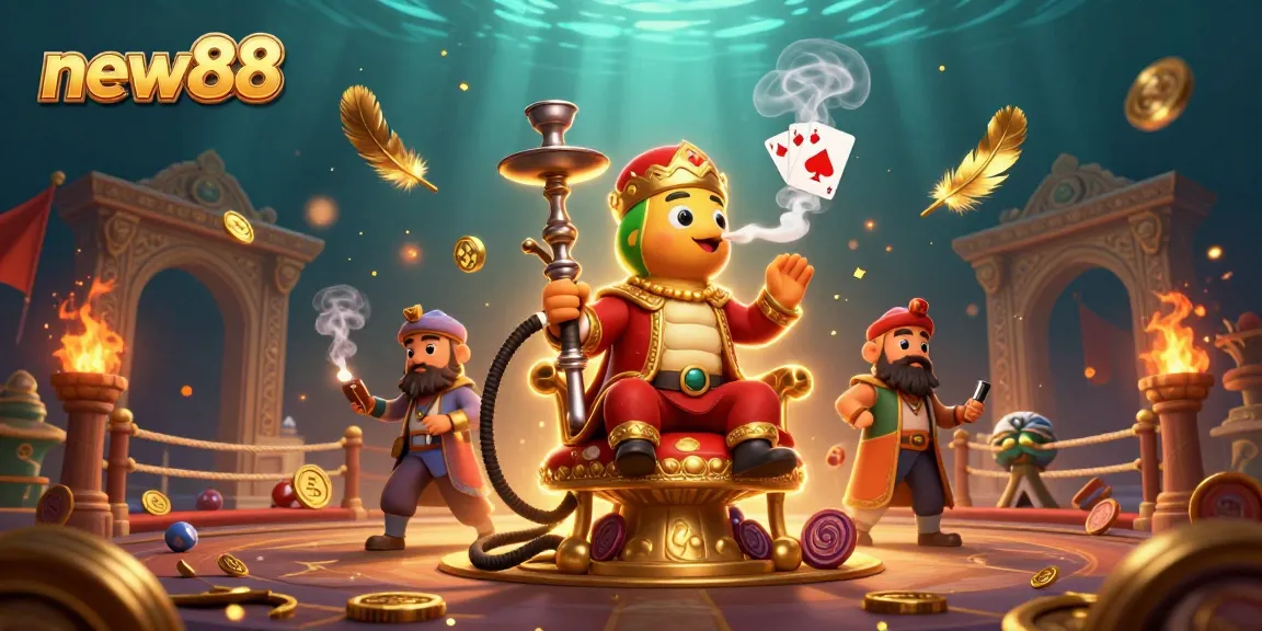 Engage with new88's dynamic gaming universe featuring a sultan caterpillar, golden treasures, and poker symbols.
