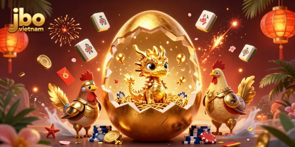 Experience jbo vietnam's vibrant casino atmosphere with a golden dragon amidst poker chips.