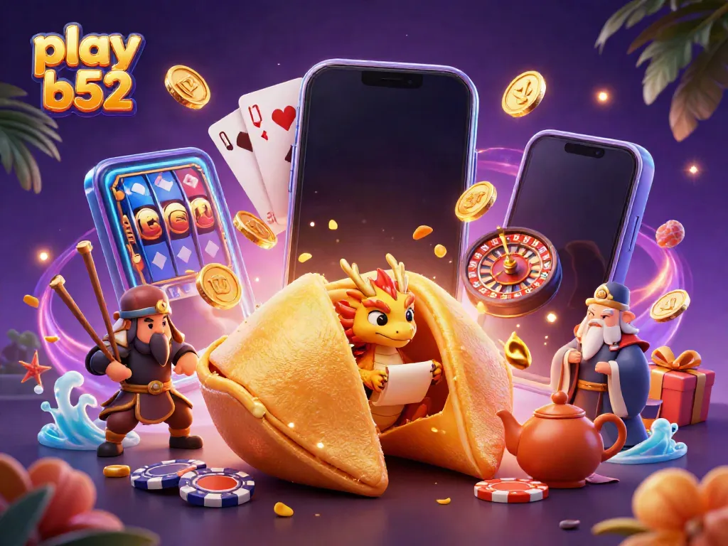 Engage with the vibrant play b52 casino scene featuring a fortune cookie and golden gaming elements.