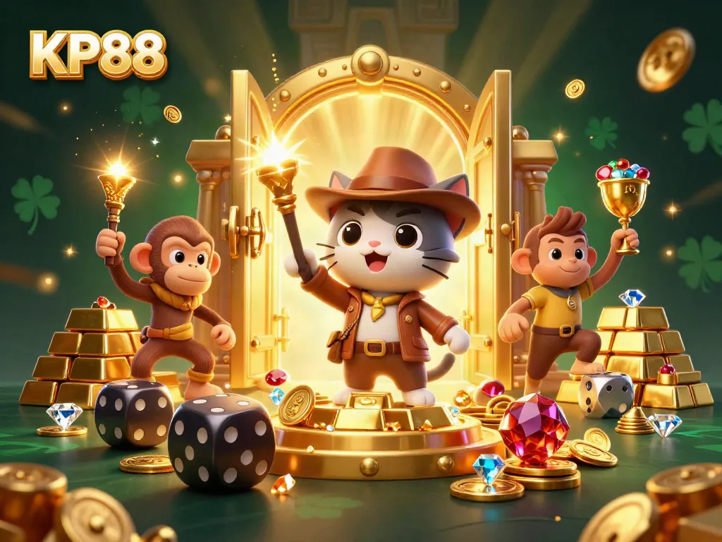 Watch the KP88 explorer cat uncover a golden casino artifact amidst sparkling treasures in this lively illustration.
