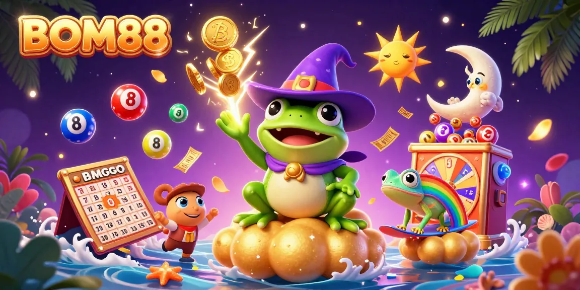 BOM88 engages players with a vibrant 3D illustration of a wizard frog and chameleon amidst golden coins and lottery balls.