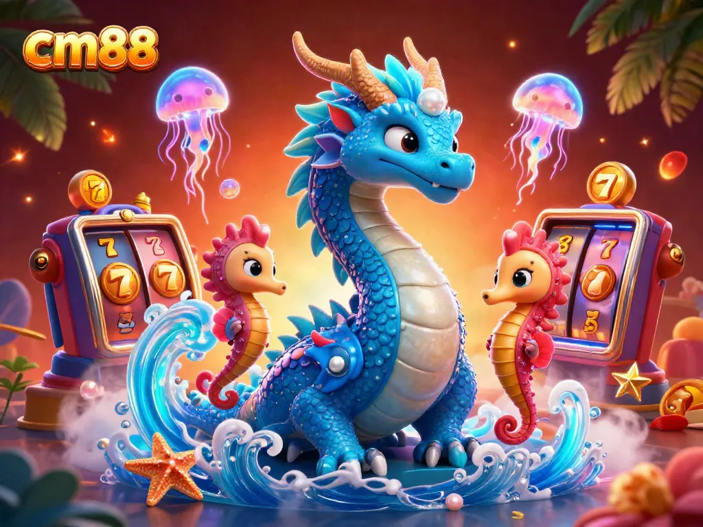 Play exciting casino games with cm88's animated aqua dragon and vibrant slot elements.