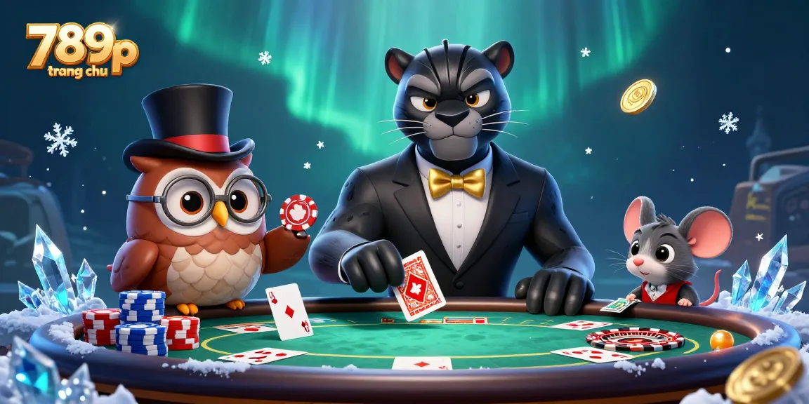 Play poker with style at 789p trang chủ featuring a tuxedo-wearing panther, owl with chips, and a lucky mouse.