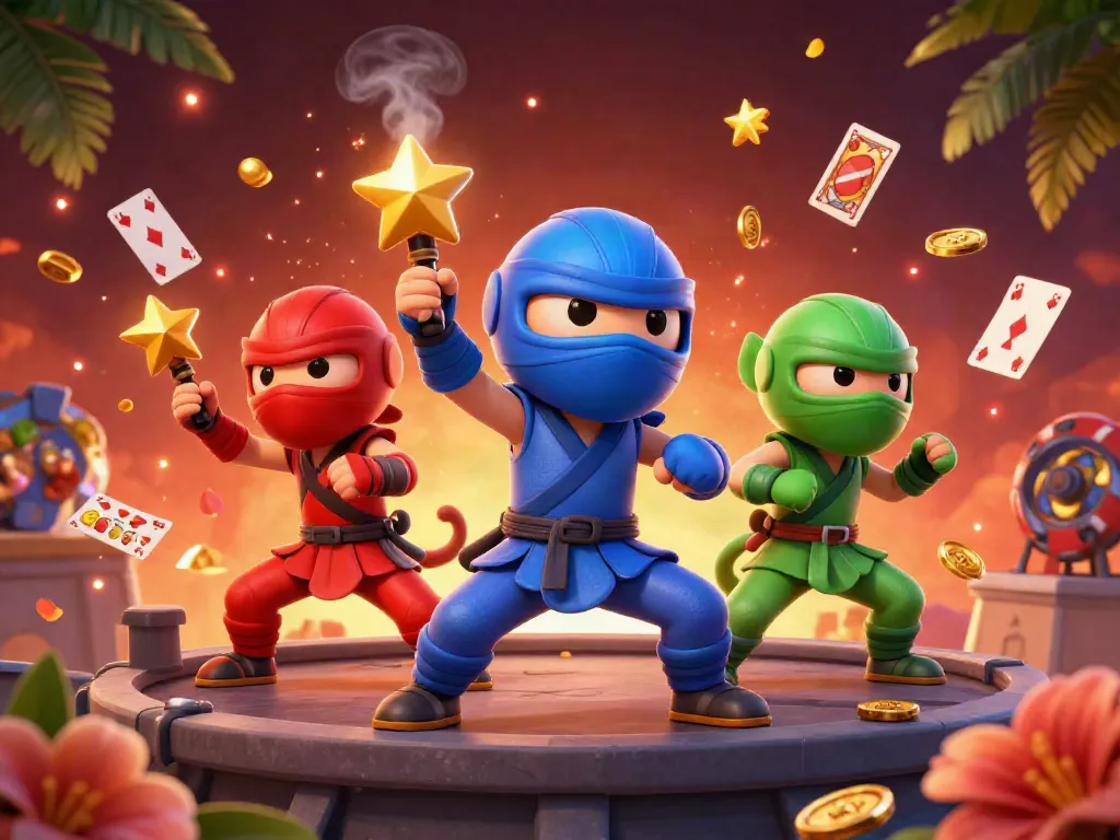 Experience the excitement of JUN88 with a vivid display of ninja chameleons and casino elements in a dynamic scene.