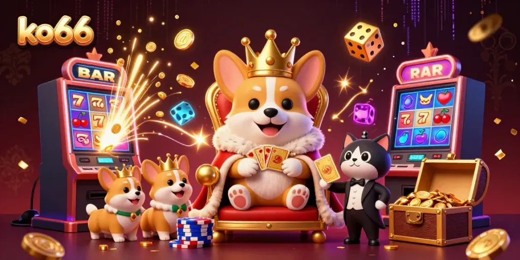 Experience the excitement of ko66 with vibrant casino elements and royal characters bursting with energy.