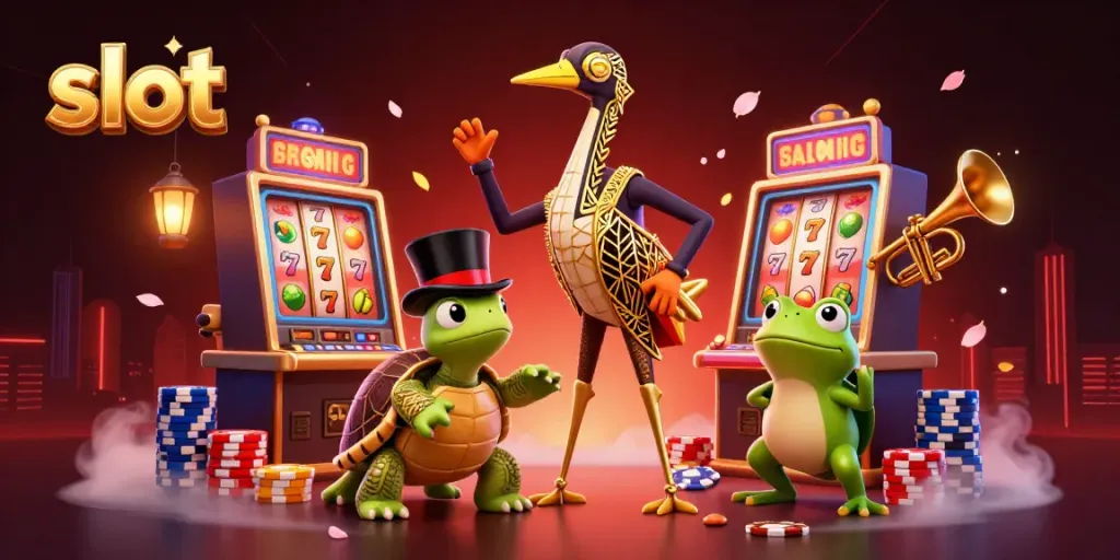 Engage with dynamic slot action featuring a colorful scene of a slot machine, characters, and chips.