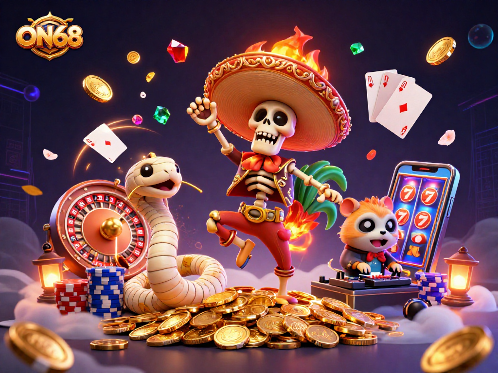 Experience excitement with ON68 featuring a cartoon mariachi rooster and vibrant casino elements.