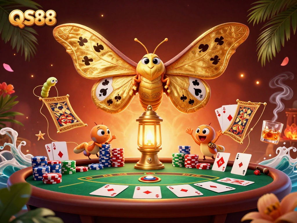 Engage with the vibrant world of QS88 featuring a majestic atlas moth and rich casino elements