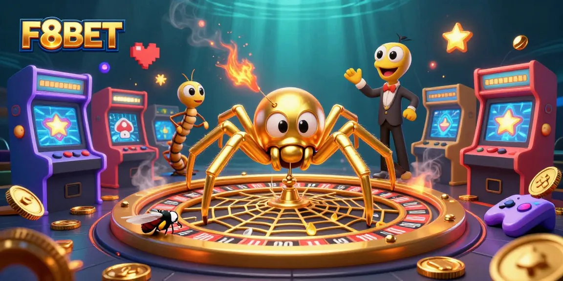 Engage with F8BET's vibrant casino world, featuring a gold-spinning roulette web and colorful arcade machines.