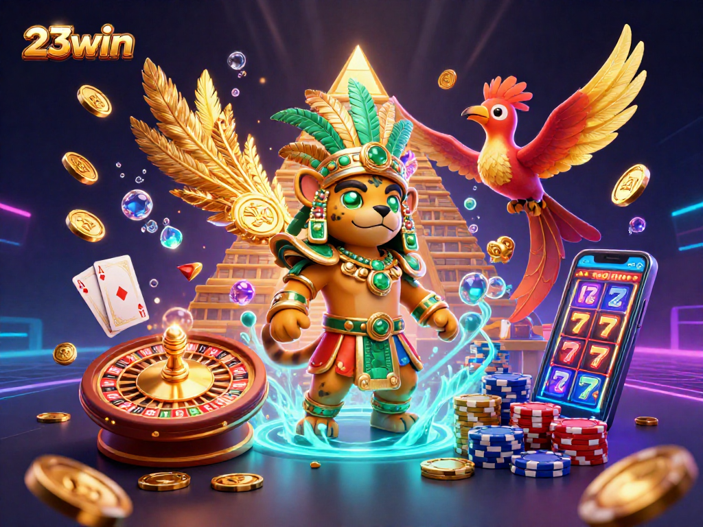 Experience the thrill of winning at 23win with a dynamic Mayan-themed casino scene featuring vibrant symbols and characters.
