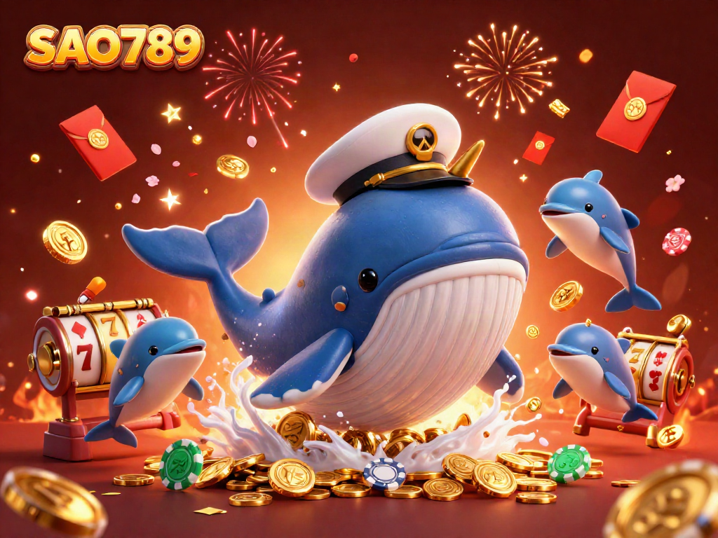 Engage with SAO789's thrilling casino scene featuring a whimsical whale, narwhal, and dolphins.
