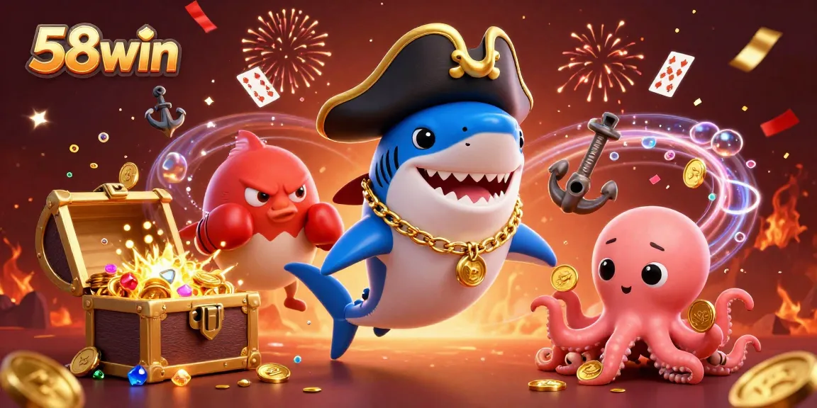 Engage in thrilling gameplay action with 58win as a cartoon pirate shark and friends surround an underwater treasure!