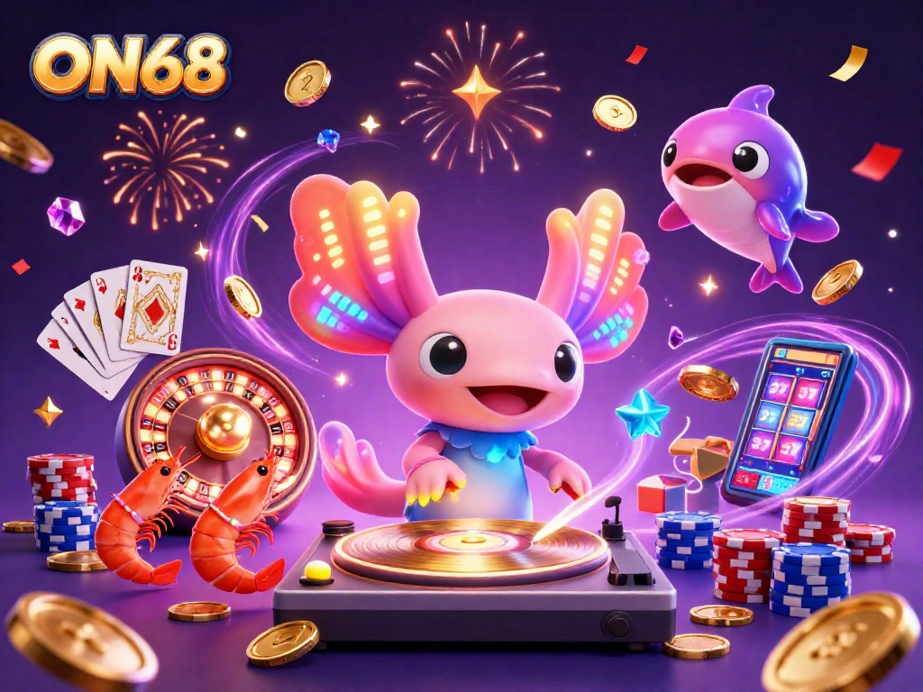 ON68 enhances the gaming experience with exciting visuals of a neon axolotl DJ and a lively casino atmosphere.