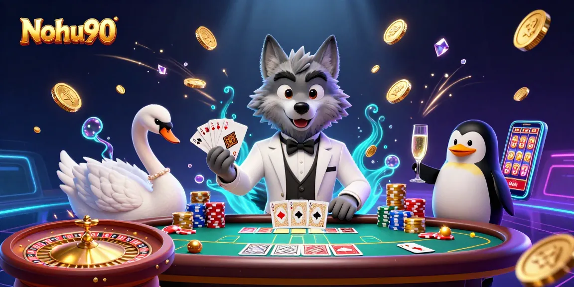 Nohu90's vibrant casino scene features a debonair wolf, elegant swan, and sophisticated penguin amid dazzling gambling elements.