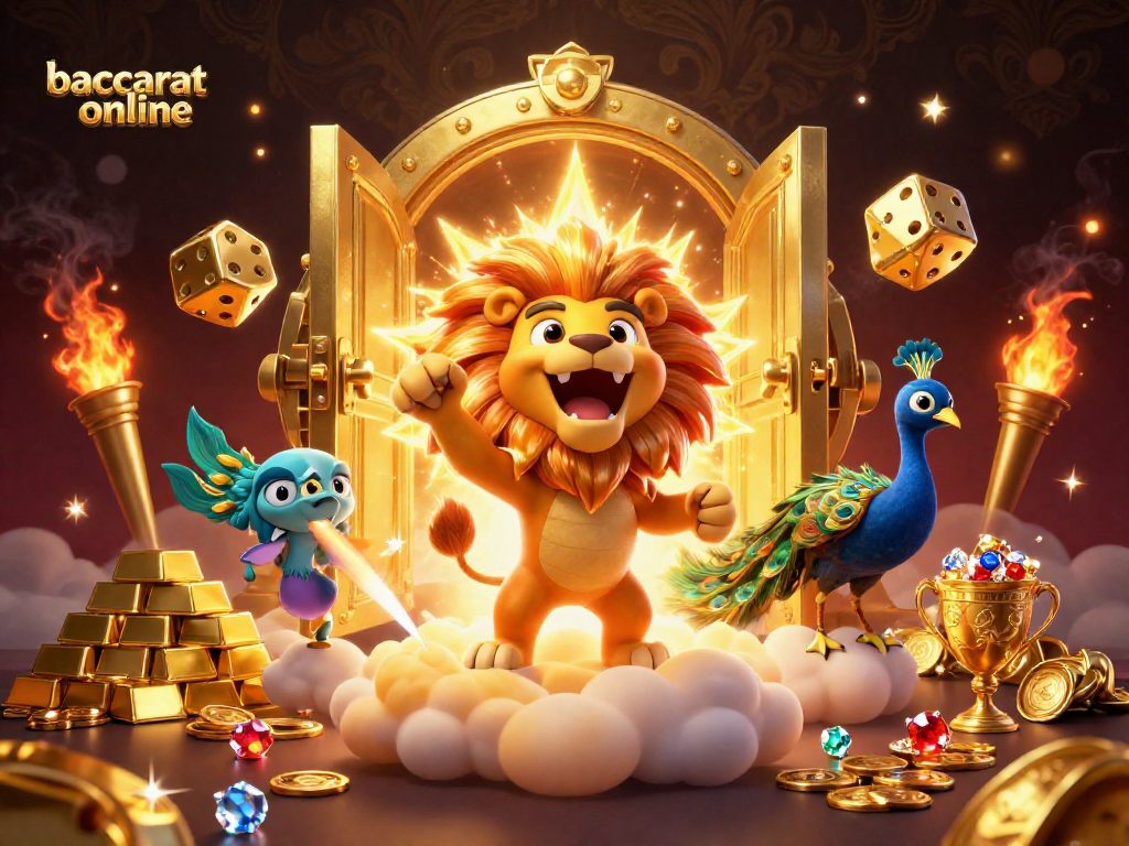 Experience baccarat online thrills with an illustrated scene of luxury casino elements and vibrant characters.