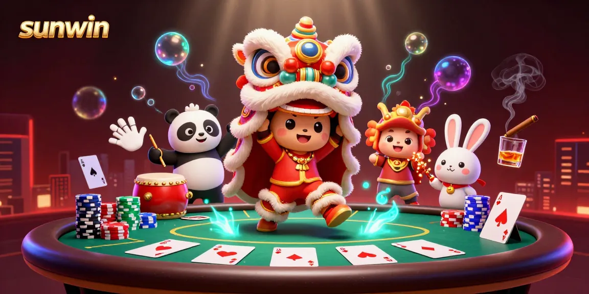 Experience sunwin excitement with a lively 3D casino scene depicting poker fun and vibrant characters.