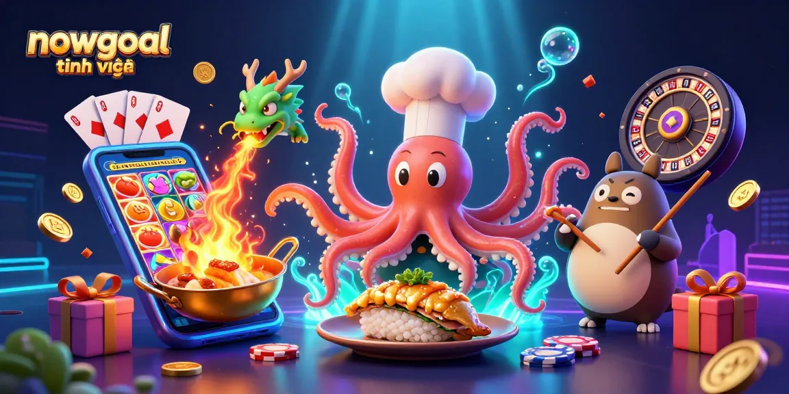 Engage with nowgoal tiếng việt through an exciting 3D illustration featuring a sushi chef octopus and dynamic gambling elements.
