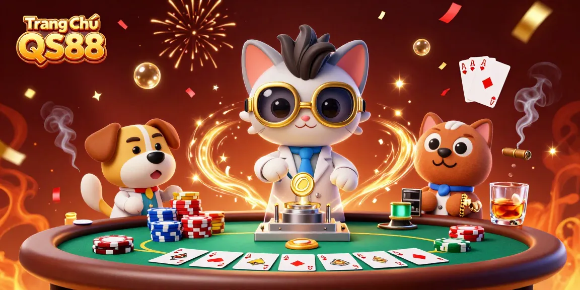 Experience thrill at Trang Chủ QS88 with a vibrant casino scene featuring poker elements and festive magic.