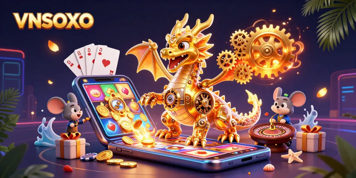 Experience thrilling gameplay with VNSOXO as the golden dragon breathes gears and coins in this vibrant casino scene.