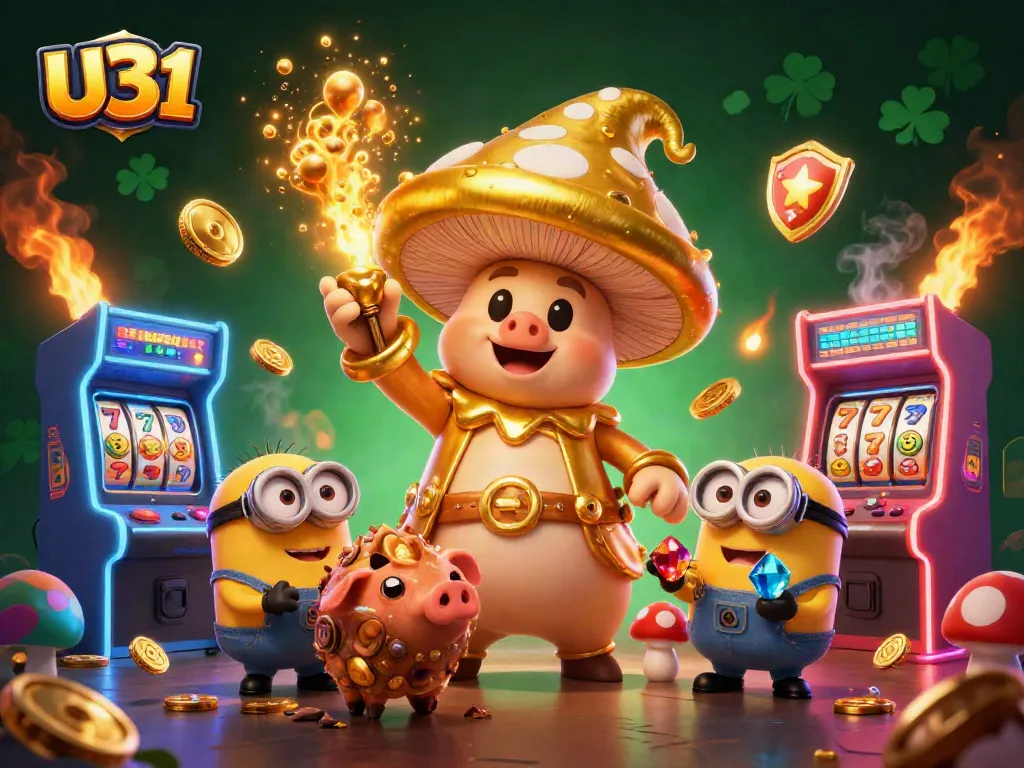 Experience the thrill of U31 with a golden wizard, pig, and gemstones amidst dazzling slots.
