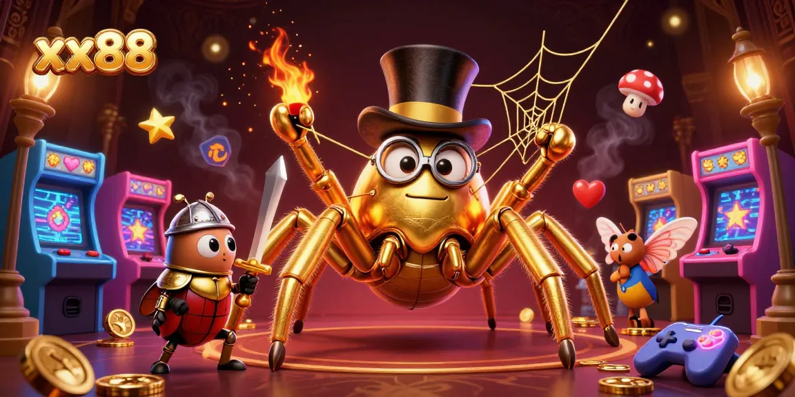 Win big at xx88 with a giant golden tarantula and beetle knight in a vibrant casino scene.
