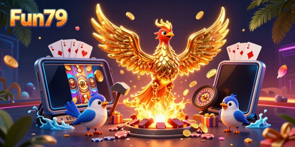 Experience Fun79's dynamic gaming with a golden phoenix emerging from molten metal in a vibrant casino setting.