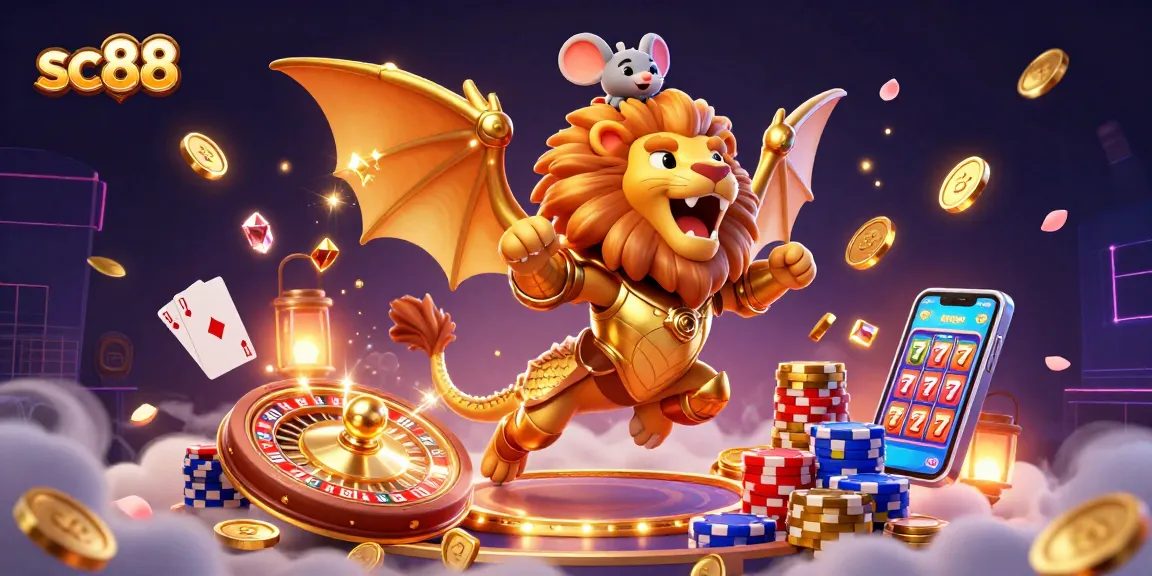 Experience sc88 excitement with a 3D chimera and golden casino elements in this vibrant illustration.