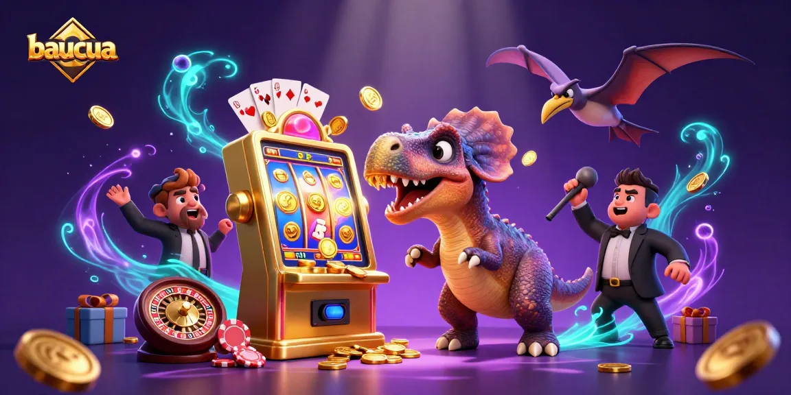 Experience the thrilling baucua game with a dinosaur and slot machine in this vibrant 3D casino scene.