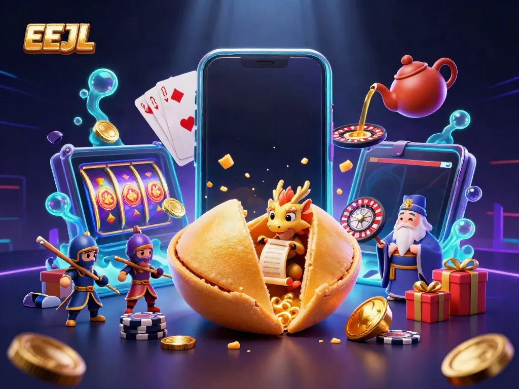 Engage with EEJL's vibrant casino scene featuring a golden fortune cookie and gaming elements.