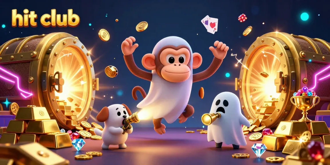 Experience the thrill of "hit club" with a mischievous monkey juggling golden treasures in a haunted casino setting.