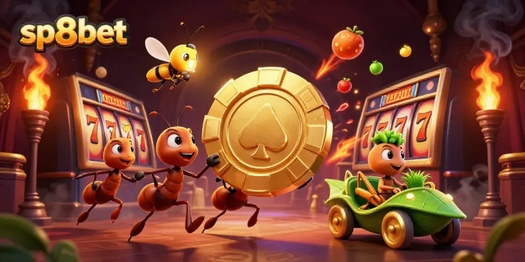 Experience the excitement of sp8bet with a cartoon heist scene featuring ants and casino elements.