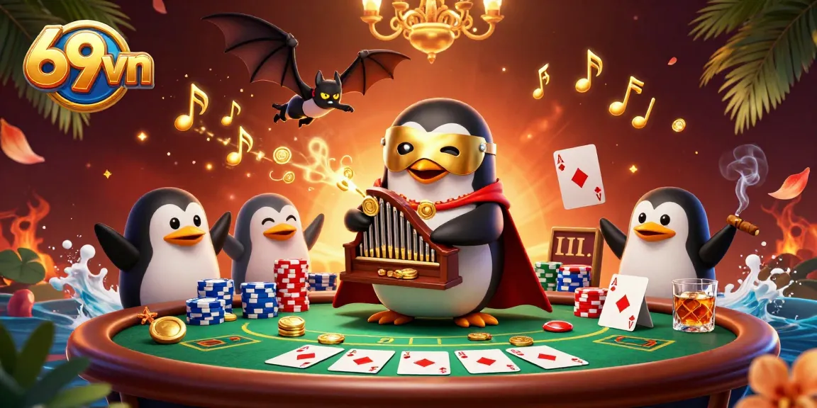 Engage in thrilling games at 69vn with a penguin character celebrating wins at a vibrant casino scene.