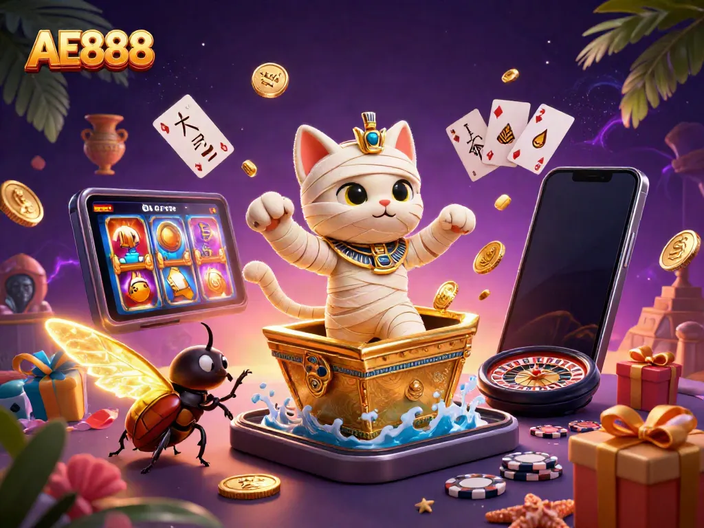 Experience thrilling AE888 gameplay with vibrant casino elements and a captivating mummy scene.