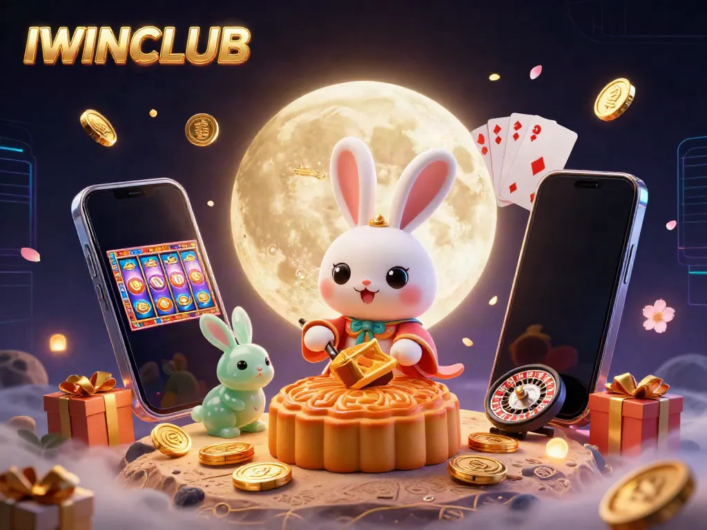 IWINCLUB invites you to play where a moon rabbit creates joyful moments with golden mooncakes and poker chips.