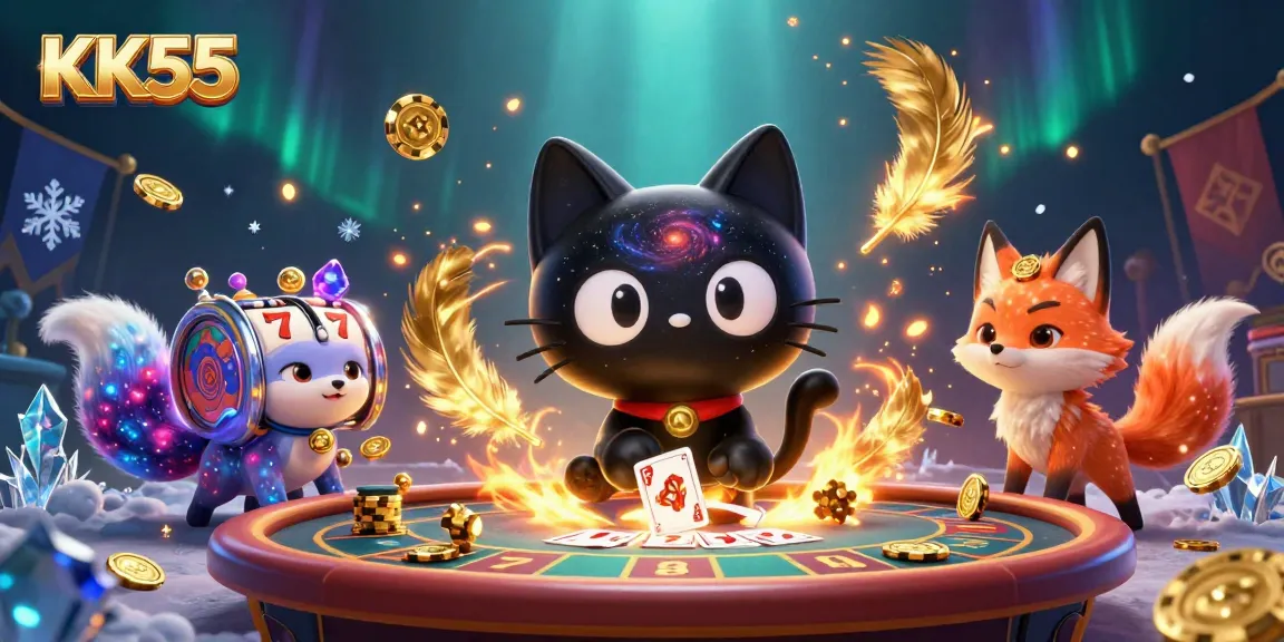 Experience thrilling gameplay at KK55 with a cosmic cat drawing in golden chips and cards!
