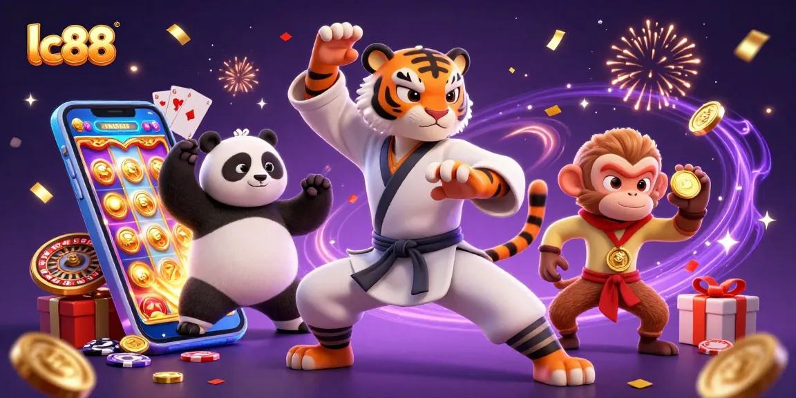 Join the excitement of lc88 casino with a playful kung fu master and friends celebrating wins in a vibrant scene.