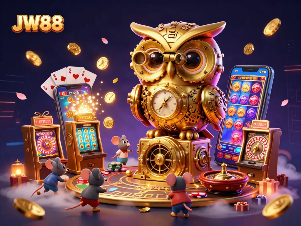 JW88 offers a vibrant casino experience illustrated through a golden owl scanning the gaming floor with colorful slot game elements.