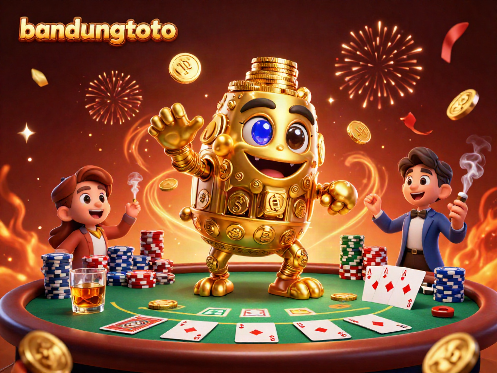Engage with bandungtoto's ultra-detailed 3D casino scene featuring a golden golem, poker elements, and festive effects.