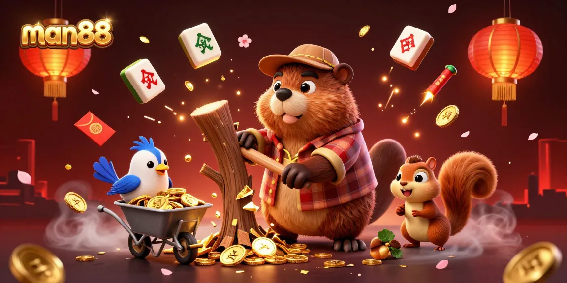 man88 offers a vibrant casino experience, featuring whimsical characters collecting coins amidst festive decorations.