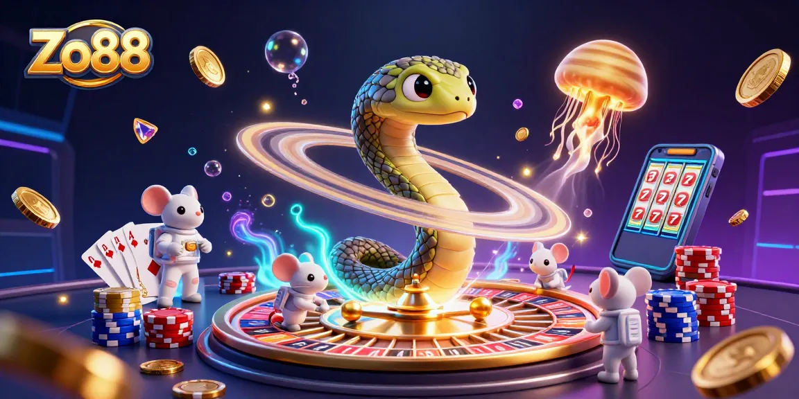 Bet on Zo88 with vibrant cosmic-themed 3D illustration showcasing a Saturn snake roulette scene.