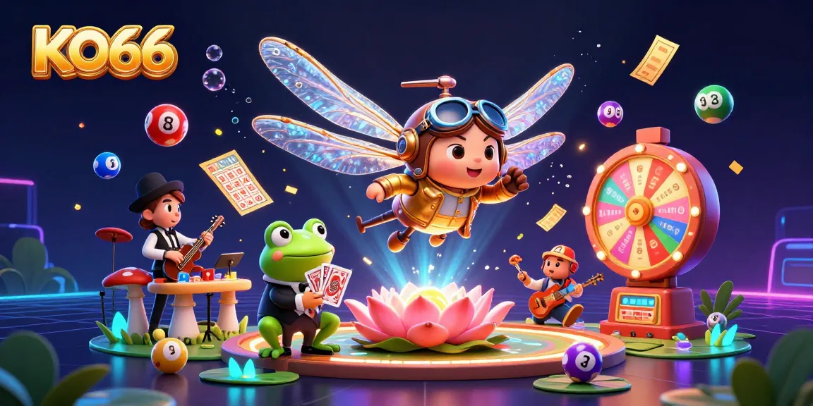 KO66 casino illustration with dragonfly pilot, frog dealer, and vibrant lottery elements