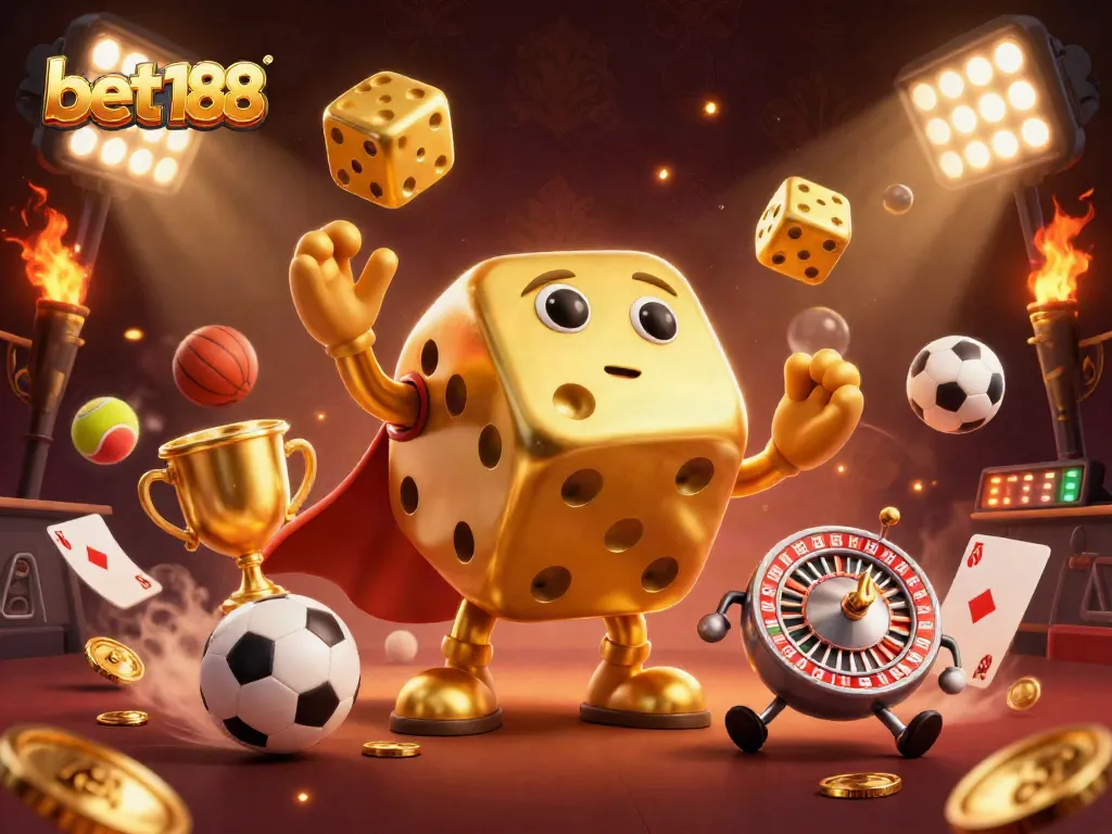 Engage with bet188's thrilling gaming scene featuring golden dice, sports elements, and rich casino atmosphere.