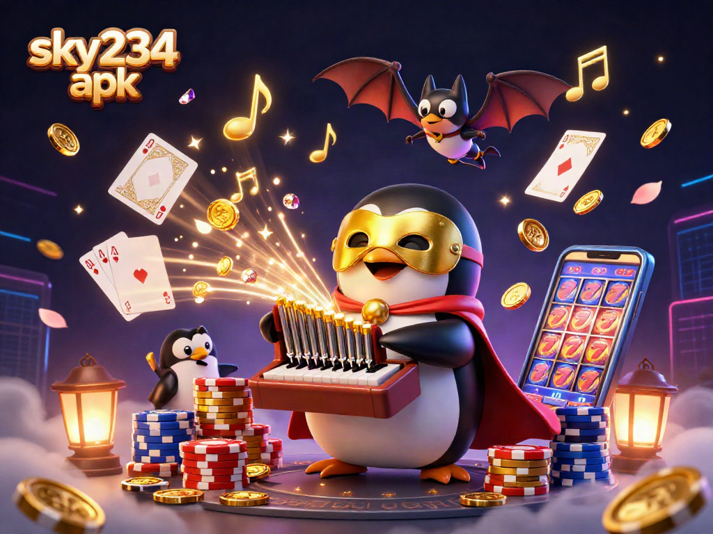 Experience the thrill of sky234 apk with a vibrant casino scene featuring a phantom penguin, bats, coins, and games.