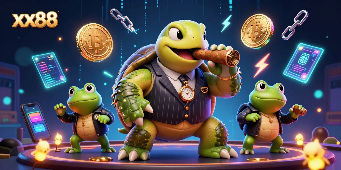 xx88 casino scene with a snapping turtle mobster and bullfrog enforcers amidst glowing crypto elements.