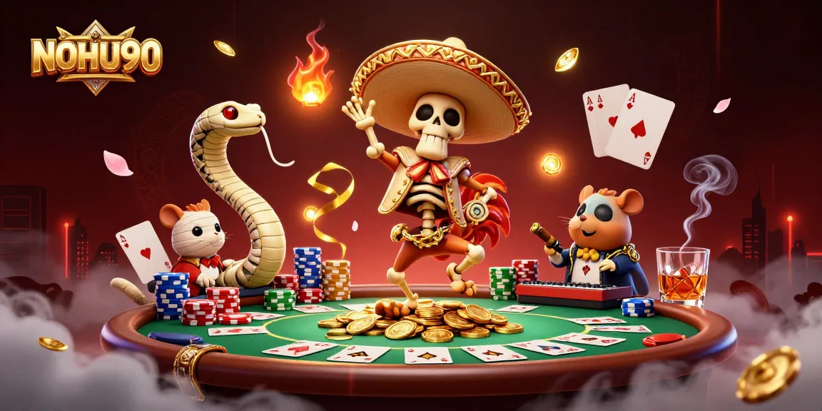 Engage with NOHU90 while celebrating wins in a vibrant casino scene filled with action and gold.