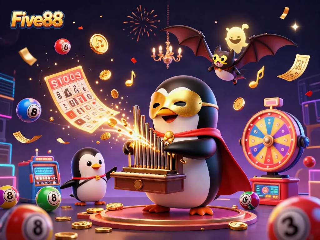 Experience the thrilling world of Five88 with a penguin playing a golden organ surrounded by fun, colorful elements.