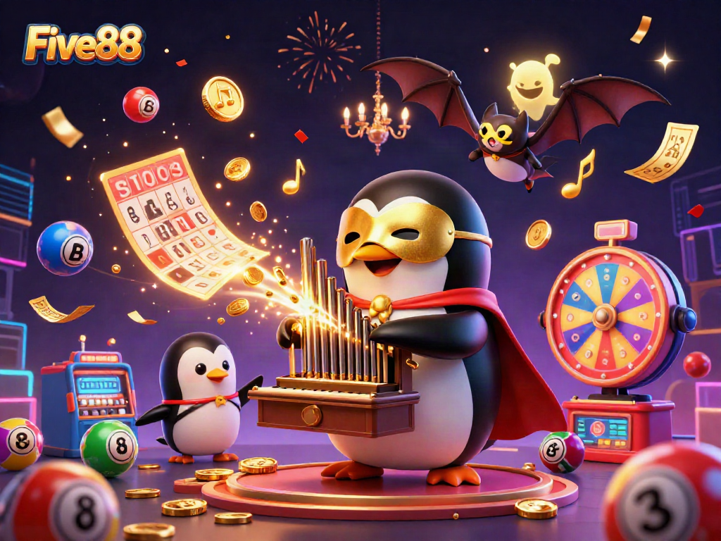 Experience the thrilling world of Five88 with a penguin playing a golden organ surrounded by fun, colorful elements.