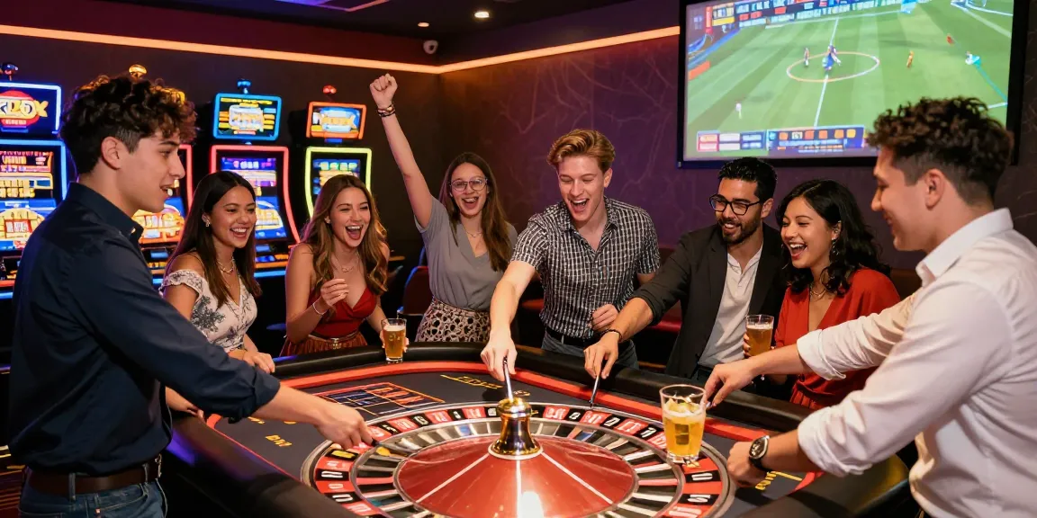 KO66 Casino gaming excitement with friends enjoying roulette and slots.